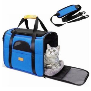 COOKEY Cat Carrier, Soft Sided Cat Carrier Large for Big Medium Cats and Puppy up to 25lbs, Pet Carrier with Safety Zippers, Foldable Airline Approved Puppy Carrier – Blue