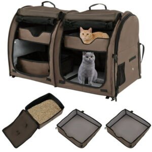 Infans Portable Pet Carrier Kennel Cat Dog Crate Twin Compartments w/ Mats Litter Box