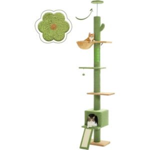 Cat Tree Floor to Ceiling,Cactus Tall Cat Tower, Adjustable Height (83”-108”) 5 Tiers Climbing Tree for Indoor Cats with Cat Condo, Scratching Post and Ladder, Green