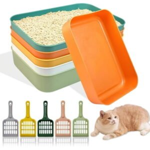5 Pcs Small Litter Box Set,13.9 x 9.8 x 3 Inch Open Plastic Kitten Litter Pan with 5 Scooper, Low Entry Portable Cat Litter Box Travel Toilet Tray for Small Pet Kitty Bunny Guinea Pig, Easy to Clean