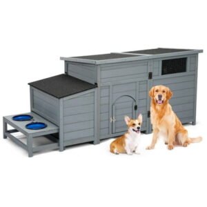 COZIWOW Dog House Outdoor Wooden Dog Kennel Weatherproof with Slow Food Bowls, Storage Box, Open Roof