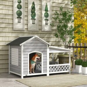 PawHut Wooden Outdoor Dog House with Porch, Light Gray