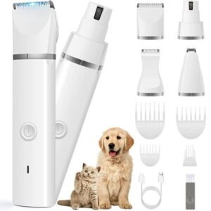 Dog Clippers Grooming Kit Hair Clipper-Low Noise Paw Trimmer- Rechargeable – Cordless Quiet Nail Grinder Shaver for Cats and Other Pets
