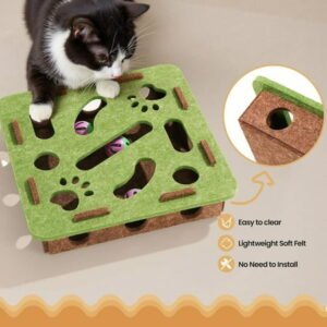 24bridge Interactive Cat Puzzle Toy Box – Felt Digging Toy with 3 Bell Balls – Green/Brown