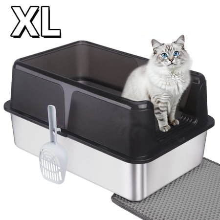 StarQualityBargain Extra Large 38L Stainless Steel Cat Litter Box Metal Litter Pan with Scoop and Mat Set, Black