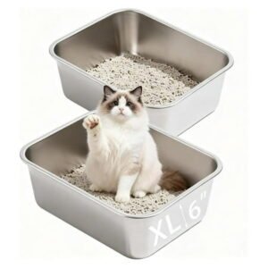 2 Pack Stainless Steel Cat Litter Box Large Metal Litter Pan Tray High Sided Cat Box, Pet Toilet Supplies for Indoor Cats Kitten Rabbit, Non Stick, No Smell, Easy to Clean – 23.62×15.75×5.91 Inch, XL
