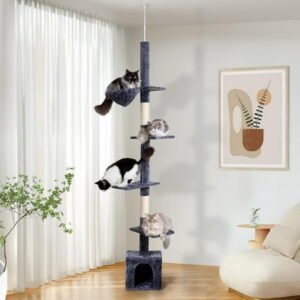 Floor to Ceiling Cat Tree, 5-Tier Height (95-109 inches) – Adjustable Cat Climbing Tower with Sisal Scratching Posts, Cat Condo, Hammock, Platforms, and Hanging Balls