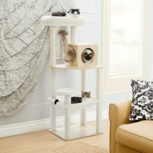 Pefilos 56″ Cat Tree Tower for Indoor Cats, Modern Wood Cat Condo with Scratching Post for Large Cats Climbing, Multi-Level Cat Tree House, Beige