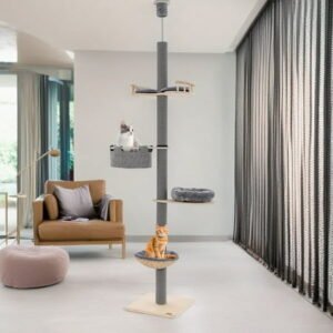 Pefilos Cat Tree Tower 4-Tier Floor to Ceiling Height(93″-107″) Adjustable, Tall Climbing Tree Featuring with Scratching Post for Indoor Kitten, Grey