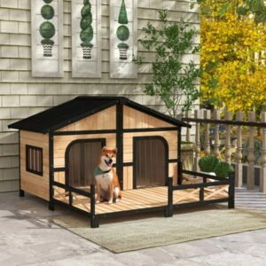 Dog House Outdoor, Wooden Large Double Dog Kennel with Weatherproof Porch or Deck, Openable Roof, for Small to Medium Dogs, Natural