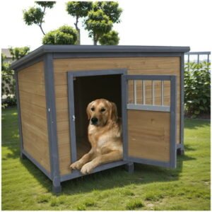ZephyPaws 45” Large Wood Dog House Outdoor Indoor Dog House Puppy Shelter with Waterproof PVC Plastic Roof,Easy Assembly Sturdy Dog Kennel with Lockable Door, Air Vents and Elevated Floor,Yellow