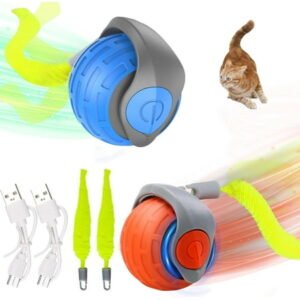 2 Pack Interactive Cat Toy Ball,Speedy Tail Toys for Indoor Cats with Feather Tails (Blue-Orange)