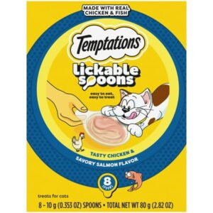 Temptations Lickable Spoons Wet Cat Treat, Chicken And Savory Salmon, 10 G, 8 Ct