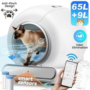 Self Cleaning Cat Litter Box, 65+9L Large Automatic Litter Box with Liner for Multiple Cats, App Controlled, Odor Removal, Anti-Pinch Design
