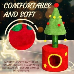 Large Pine Cone Tree Cat House & Climbing Tower, 30x30x77cm Multi-Level Cat Tree with Plush Hideouts & Scratching Post, Red/Green Holiday Decor for Cats