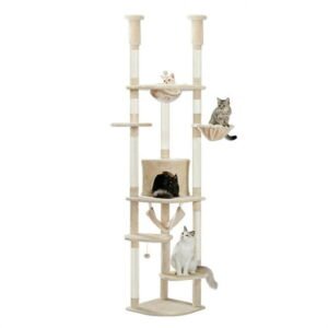 Pefilos Floor to Ceiling Cat Tree for Indoor 92.9″-101.6″ Height Adjustable Cat Tower Tall Kitty Climbing Play House with Scratching Posts, Cozy Cat Condo, Perches and Large Hammock, Beige
