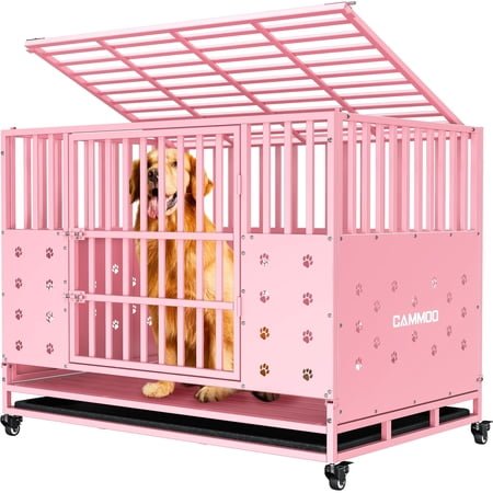 CAMMOO 48″ Foldable Heavy Duty Dog Crate Cage for Large Dogs,XL Dog Kennel Indoor,4 Lockable Wheels,Widened Floor Panel,Adjustable Internal Height, Pink