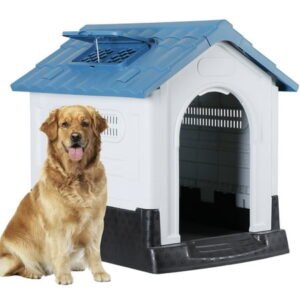 ZENSTYLE 26″ Plastic Dog House Indoor Outdoor Puppy Shelter Kennel with Adjustable Skylight Blue