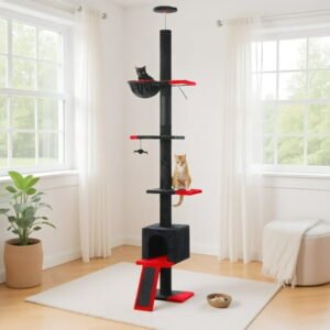 Pefilos 5 Tiers Gothic Cat Tree Floor to Ceiling, Adjustable Height (83″-108″) Climbing Cat Tower for Indoor Cats with Condo, Scratching Post, Black