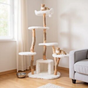 Pefilos 66″ Solid Wood Cat Tree Tower for Indoor, Modern Cat Condo with Scratching Post, Cat Climbing Tree House Furniture, White
