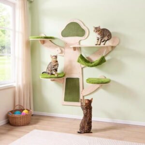 Choco Moon Wall-Mounted Cat Tower w/Wall Shelves & Bed, Cat Climbing Tower, Corner Cat Tree, Cat Condos for Indoor Cats-Green