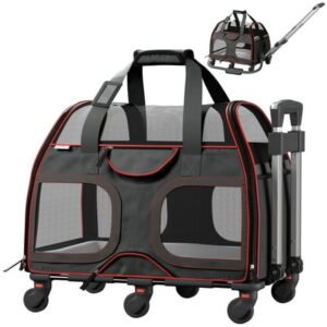 Katziela Luxury Pet Carrier with Removable Wheels, Double Telescopic Handle (Black and Red) Pack 1