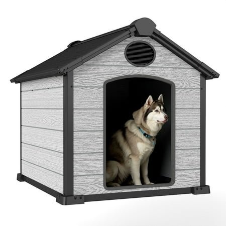 ZYJOYY 46″ Large Dog House Outdoor Weatherproof with Floor & Air Vents, Spacious Plastic Kennel Shelter for 2 Large Dogs, Cement Grey