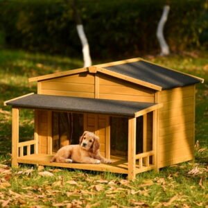 Wooden Dog House for Large Dogs Sturdy Fir Wood Construction with Porch and Asphalt Roof Raised Floor Design for Air Circulation and Comfort Outdoor Pet Shelter Durable and Weatherproof Dog Kennel