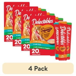(4 pack) Hartz Delectables Squeeze Up Variety Packs Interactive Lickable Wet Cat Treats, 20 Count