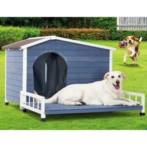 Petsfit Large Wooden Outdoor Dog House with Terrace, Elevated Floor and Openable Roof