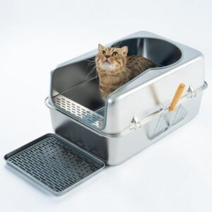 Cattasaurus 100% Stainless Steel Litter Box Enclosure for Large Cats, Odor-Free & Easy to Clean, Long-Lasting with Scoop & Pedal