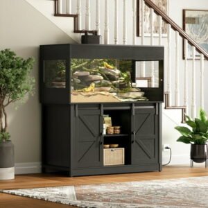 Herture 120 Gallon Reptile Terrarium with Stand, 4x2x2 Large Bearded Dragon Enclosure with Sliding Acrylic Doors, Mesh Top, Power Outlet & Storage, Vivarium Tank for Snakes, Lizards, Black PX04RTB