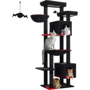 PETEPELA Cat Tree, 69-Inch Gothic Cat Tower for Indoor Large Cats with Super Large Hammock, Tall Cat Climbing Tree Tower with Scratching Posts, Cozy Condo House and Top Perch, Black