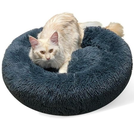 Donut Dog Bed – Anti-Anxiety, Self Warming, Cozy Soft Plush, Machine Washable Round Pet Bed, Ideal for Home & Travel, 20″x 8″, Dark Grey