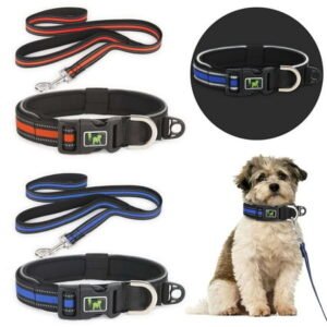 Gustave Reflective Dog Collar and Leash Set Adjustable Neoprene Padded Pet Collar Leash with Safety Locking Buckle & Comfortable Handles for Small Medium Large Dogs Walking Training “Blue, S”