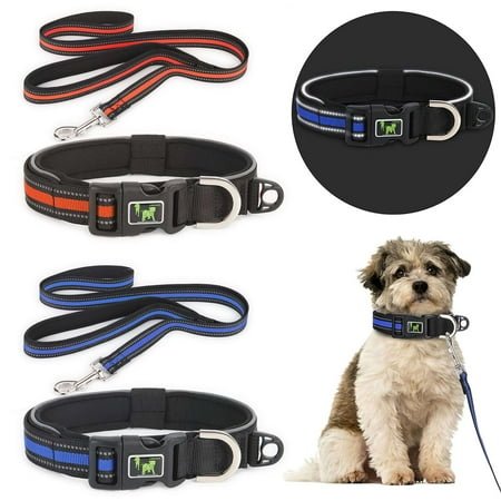 Gustave Reflective Dog Collar and Leash Set Adjustable Neoprene Padded Pet Collar Leash with Safety Locking Buckle & Comfortable Handles for Small Medium Large Dogs Walking Training “Blue, S”