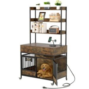 Behost 39″ Dog Crate Kennel Cage Furniture for Large Dogs with 3-Tier Storage and Lockable Wheels LED Light Rustic Brown