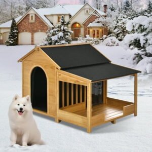 60.2″ Large Outdoor Dog House with Insulated Liner for Winter Waterproof Dog Kennel for Medium & Large Dogs, Dog House with Porch and Asphalt Roof and Elevated Floor, Nature