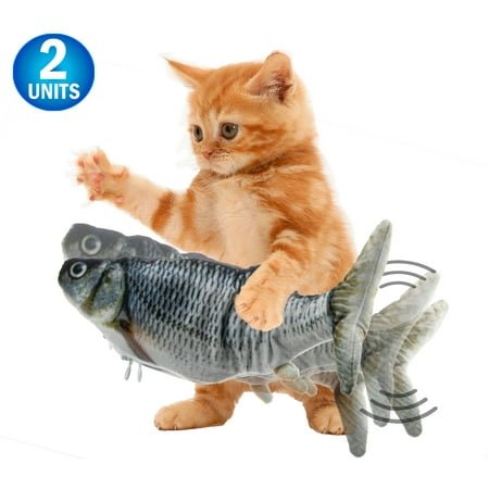 2pc Cat Flipping n Flopping Fish Cat Toy – Realistic Wiggling Interactive Automatic Motion Activate Motorized Plush Cat Toy – USB w/ Catnip Pouch – 2 Speeds