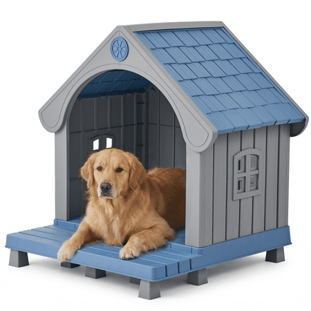 Dovov Plastic Dog House with Elevated Floor and Air Vents, Waterproof Doghouse Indoor Outdoor Dog Kennel with Porch, Large Puppy Shelter, Blue Gray