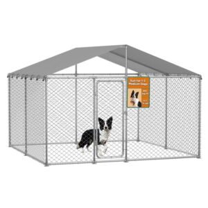 YOKWOK 7.5×7.5ft Outdoor Dog Kennel Heavy Duty Metal Dog Pet Enclosure, with Galvanized Steel Fence and Metal Gate, UV Waterproof Sun Resistant Roof Cover and Secure Lock