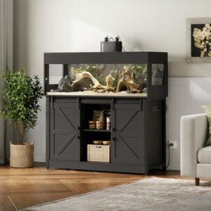 Herture 60 Gallon Reptile Terrarium with Stand, Terrarium Enclosure with Acrylic Doors, Storage Cabinet with Barn Door, Mesh Lid & Power Outlet – Vivarium Habitat for Medium Reptiles Black PX05RTB