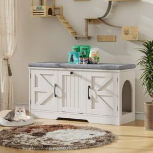 VEANERWOOD Farmhouse Cat Box Litter Enclosure with Cushion, Flip Top Hidden Cat Litter Box Furniture, White