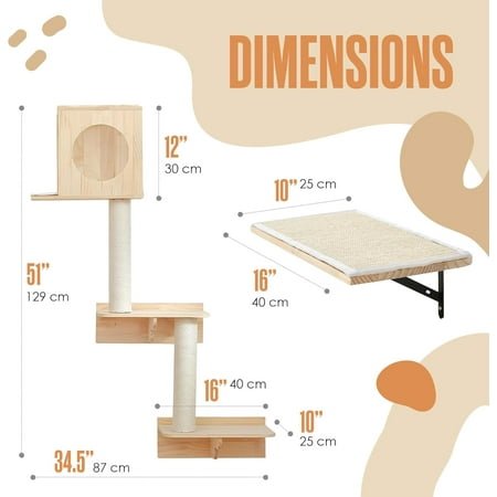 Wall Mounted Cat Tree, Cat Wall Climber, Kitty Climbing Shelves, Kitty Furniture Shelves, Floating House, Stairs, Mount, Climber, Condo, Playground, Obstacle Course, Indoor Gym, 51 x 35 in