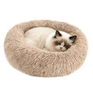 Cat Beds for Indoor Cats – 24″ Washable Cat Bed , Dog Beds for Small Medium Dogs, Round Fluffy Plush Faux Fur Pet Bed,Khaki