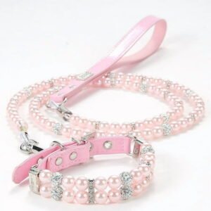 Mictong pet collar and leash set, durable and attractive plastic collar and leash set, artificial pearl collar and leash set, practical collar and leash set, 1 piece, S size, pink style B