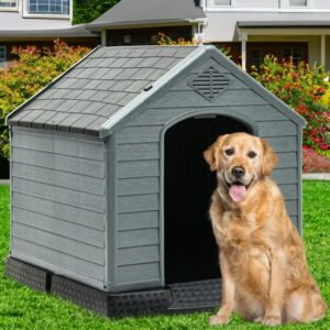 Dextrus 41″ Weatherproof Plastic Dog House for Small to Large Dogs, Elevated Floor, Ventilated, Black & Grey