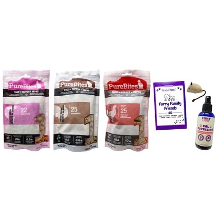 Purebites Cat Food Toppers – 3 Flavors; 1 Each: Turkey, Salmon, Chicken | Percy Loves Pal Furresher, Cat Toy, Merlinsmart Zine