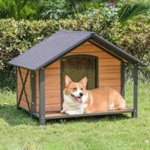 Aivituvin Anti-Chewing Outdoor Dog House with Iron Frame, 34.3″D Weatherproof Wooden Dog Kennels with Large Porch for Outdoor & Indoor, Brown