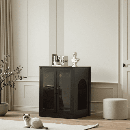 Cat Litter Enclosure with Cat-Viewing Glass Doors, Litter Cabinet with Power Outlet and Cozy LED Lights, Reversible and Optional Entry, Black